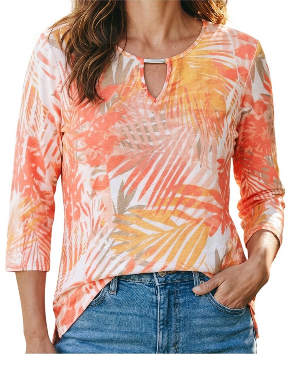 JUNIPER & LIME Peach Yellow Tan White 3/4 Sleeve Tropical Pattern Top - Petite L